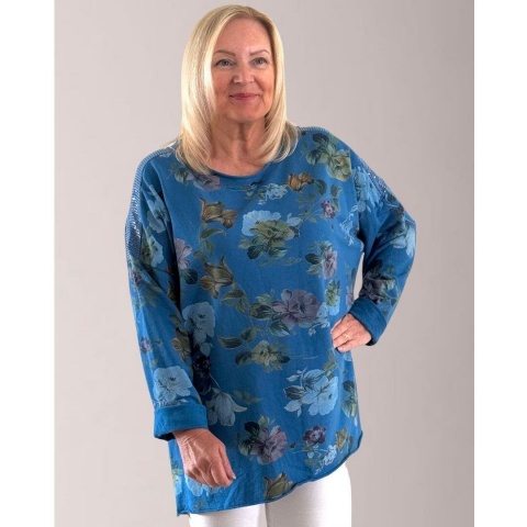 My Italy Blue Round Neck Floral Top