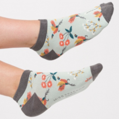 Miss Sparrow Bamboo Pheasants and Flowers Trainer Socks Duck Egg