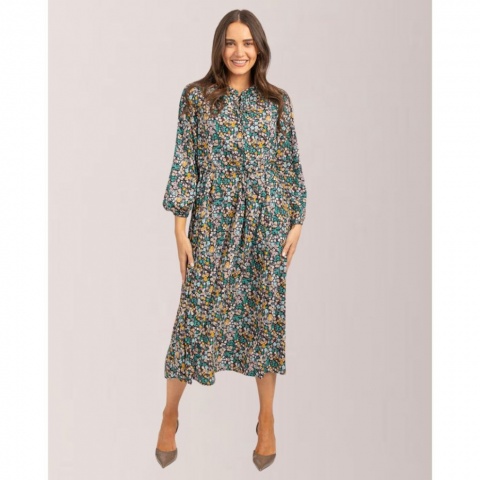 Mudflower Green Floral Tie Waist Dress