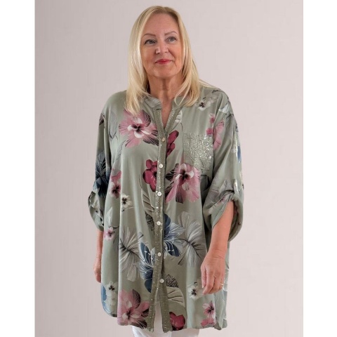 My Italy Sage Floral Button Front Blouse